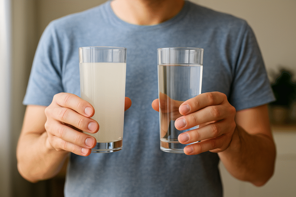 Comparison of hard water vs soft water showing effects on plumbing, appliances, skin, hair, and household cleaning